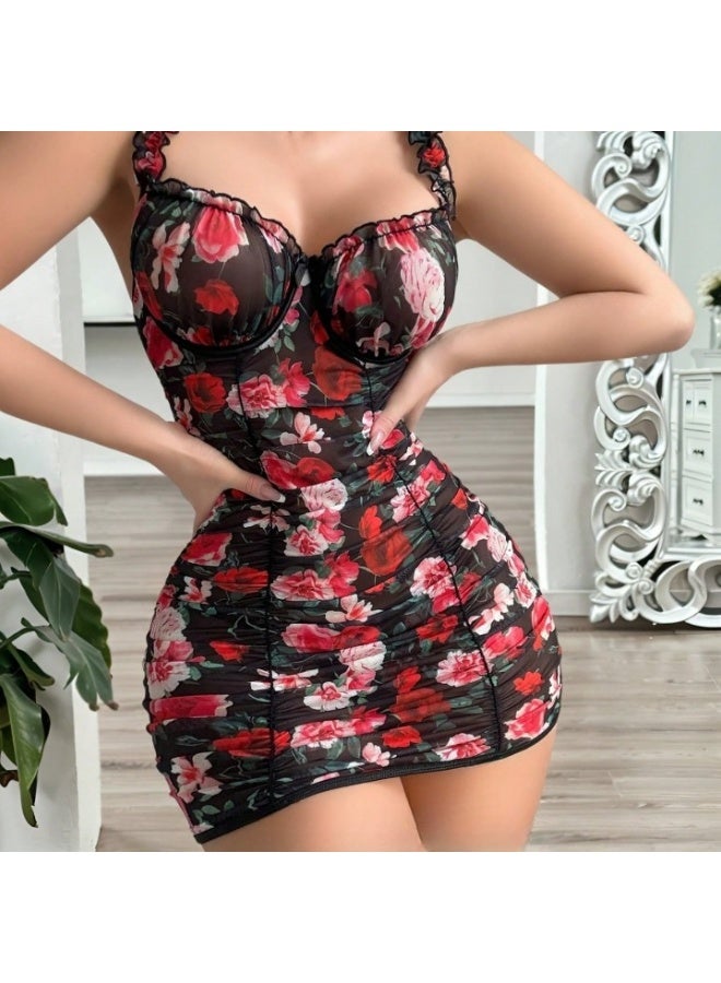 Short nightgown - Women's soft tulle babydoll with a floral print - Sexy lingerie with an open back and crisscross straps - Black floral - Image 2